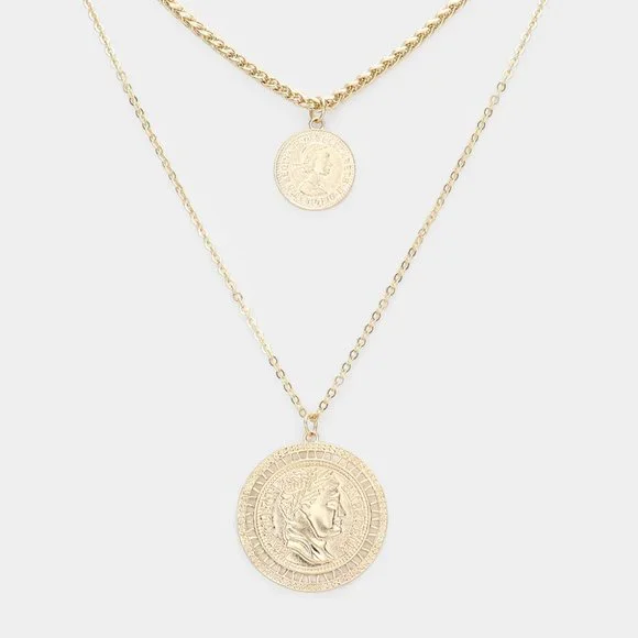 Gold Chain Double Layered Portrait Head Coin Link Necklace - Picture 8 of 11